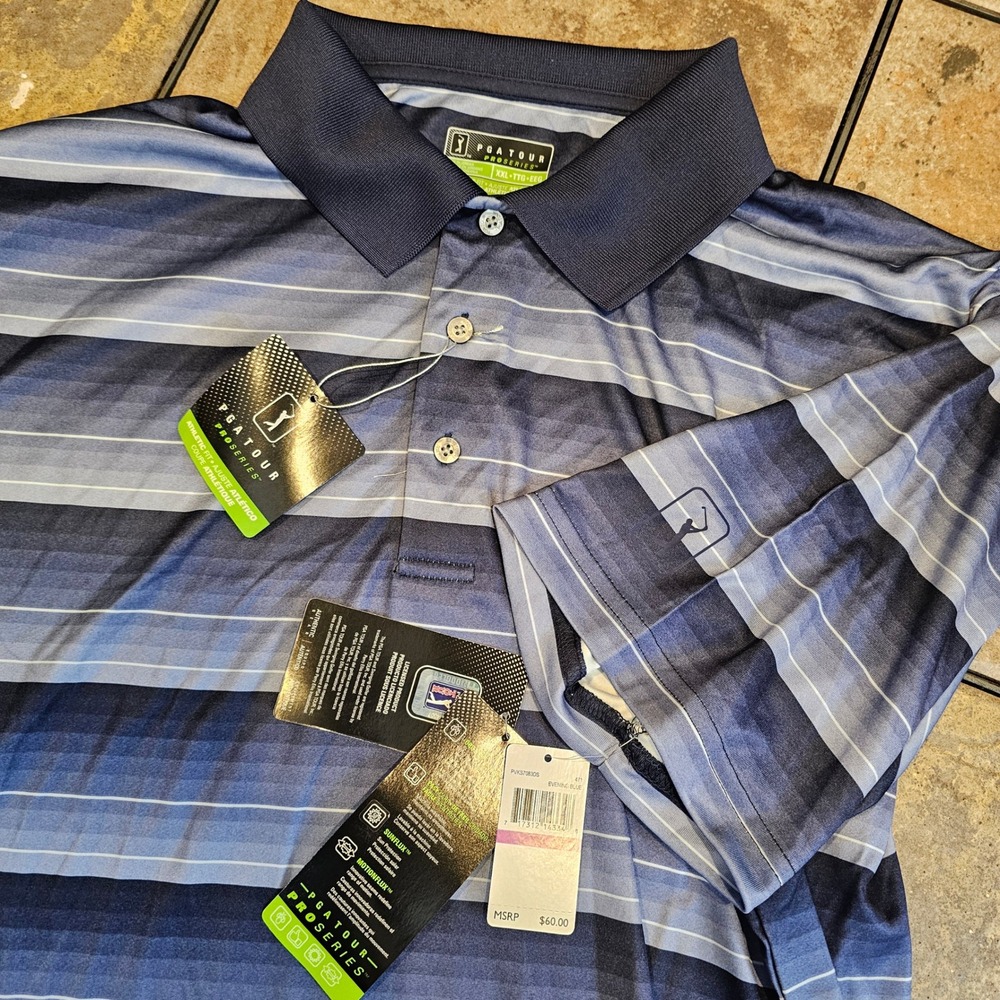 PGA Tour Pro Series Mens XXL Golf Polo Shirt Evening Blue Striped PVKS70B3DS NWT